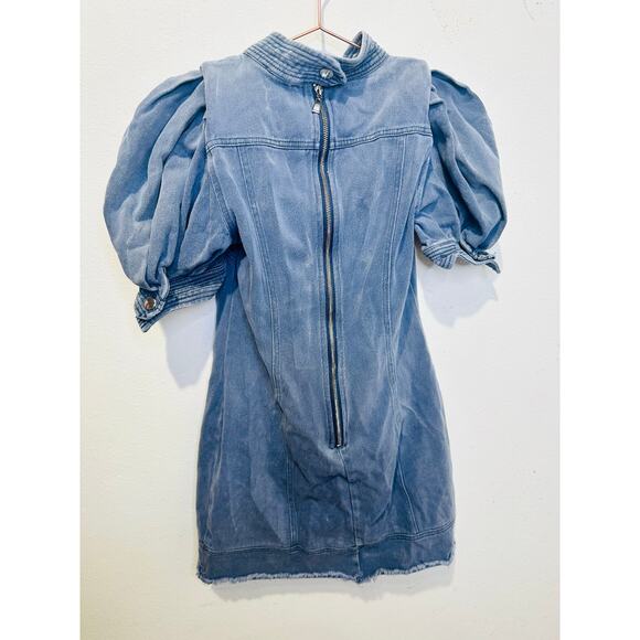 ELLIATT Blue Denim 100% Cotton Puff Sleeves Mock Neck Ocean Midi Dress Small - Picture 10 of 16
